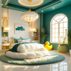 A luxurious bed room with a dominant teal green and white color scheme. A unique bed, designed to resemble a cloud, is the centerpiece, with its white cloud-like design and tean green base. Adjacent to the bed is a large window, allowing natural light to flood in. Above the tub hangs a woven pendant light. The walls are adorned with white tiles, and there's a shelf displaying various books. A yellow rubber duck, reminiscent of childhood play, sits on the floor near the bed. The room also features a fluffy white rug, a tall cage-like stool, and a few potted plants, adding a touch of nature to the space.