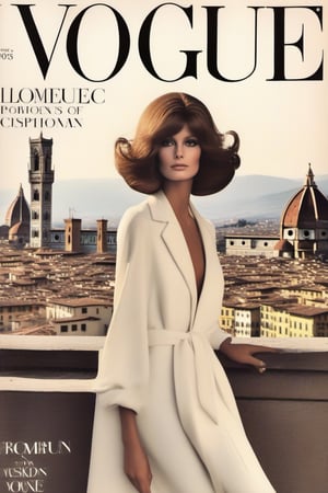 70s-style Vogue cover, with an elegant model. The model should have a typical 70s look, with hair and makeup in the style of the era. The background is black and white and portrays the city of Florence, with its iconic monuments and streets. The image should capture the elegance and charm of 70s fashion, combining the glamor of the model with the historic atmosphere of Florence.