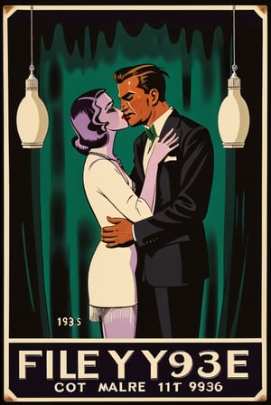 Create an illustration in the style of 1930s hard-boiled novels, featuring an elegant man in a 1930s tailored suit, long brown hair, mustache and goatee, in a tight embrace with a mystical woman with shiny purple hair in flapper style. The man has the air of a gritty, noir detective, while the woman seems like a femme fatale shrouded in mystery. The scene is in a dimly lit, smoke-filled room reminiscent of an underground speakeasy or a private investigator's office, with green and purple lighting creating an eerie yet mesmerizing glow. The characters are kissing, a central element in a background that blends 1930s realism with a touch of the fantastic. Use high resolution for fine details, contrast boost for shadows and glows,vintage ad style