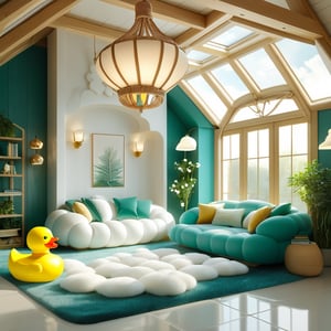 A luxurious attic with a dominant teal green and white color scheme. A unique trussed ceiling, designed to resemble a cloud, is the centerpiece, with its white cloud-like design and tean green base. Adjacent to the sofa is a large roof window, allowing natural light to flood in. Above the rooftop hangs a woven pendant light. The walls are adorned with white tiles, and there's a shelf displaying various books. A yellow rubber duck, reminiscent of childhood play, sits on the floor near the sofa. The room also features a fluffy white rug, a tall cage-like stool, and a few potted plants, adding a touch of nature to the space.