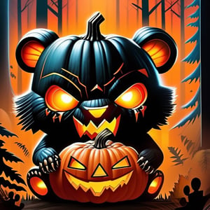 A comic book scene of a black panther cub with a pumpkin for a head, eyes and mouth glowing and smoking with red and yellow light, sitting in a foggy forest. The pumpkin cub has a glowing jack-o-lantern face carved into the pumpkin, with triangular eyes and a toothy carved grin emitting red and orange light and smoke.