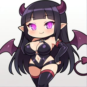 chibi, cute chibi, girl, solo, black hair, purple eyes, long hair, blunt bangs, (large breasts:0.8), glowing eyes, succubus, horn, dominant, dominatrix, fierce,
(white background)