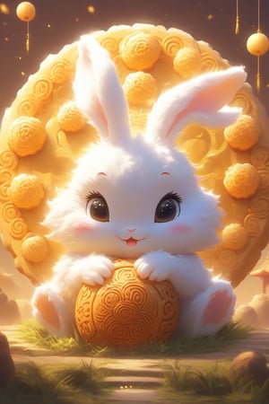 generate a cute furry moon rabbit, it has a big round eye and it is yellow colour, it is extremely cute and beautiful, mooncake festival backround, masterpiece,Arien view