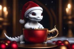 a dark gothic, White dragon baby wearing a red Christmas hat, in a golden Christmas cup. surrounding by dark gothic room, soft cinematic lighting, highly detailed, 8k