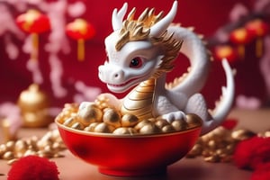 White dragon baby,in a golden red cup. surrounding by chinese new year decoration room, fallen flowers, soft cinematic lighting, highly detailed, 8k