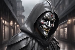 generate a medieval jester walks alone in a modern city, iron smiling mask, head down , sad, in a modern city,raining, grey theme,LegendDarkFantasy,realistic