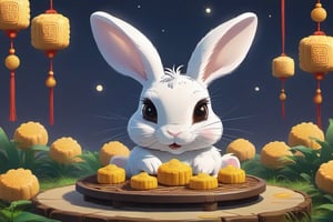 generate a cute furry rabbit, it has a big round eye and it is yellow colour, it is extremely cute and beautiful, mooncake festival backround, masterpiece