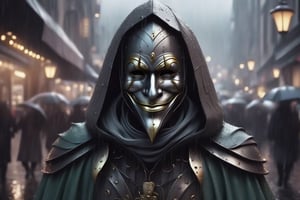 generate a medieval jester stands on the crowded street , wearing an iron smiling mask, sad theme, in a modern city,raining, grey theme, realistic, cinematic light,LegendDarkFantasy