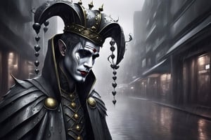 generate a jester walk alone in a modern city, head down ,crown on his head, sad, in a modern city,raining, grey theme,LegendDarkFantasy