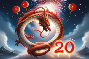 text"Welcome 2024",masterpiece, a red dragon,chinese new year, fireworks 