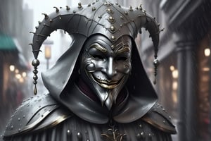 generate a medieval jester , iron smiling mask, head down sadly, in a modern city,raining, grey theme,LegendDarkFantasy,realistic