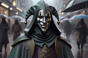 generate a medieval jester stands on the crowded street , wearing an iron smiling mask, sad theme, in a modern city,raining, grey theme,LegendDarkFantasy,realistic