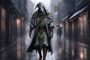 generate a medieval jester walks alone in a modern city, head down , sad, in a modern city,raining, grey theme,LegendDarkFantasy,realistic