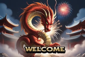 text"Welcome 2024",masterpiece, a red dragon,chinese new year, fireworks 