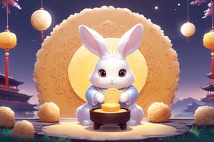 generate a cute furry moon rabbit, it has a big round eye and it is yellow colour, it is extremely cute and beautiful, mooncake festival backround, masterpiece,Arien view