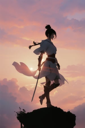 generate a silhouette of warrior, soft colour backround, wallpaper