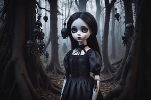 generate a 
silhouette of a girl, her eyes see to the camera, in a creepy forest, some dolls hanged on the trees, 
 at midnight, gothic theme, biopunk style, cinematic light, realistic