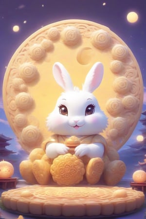 generate a cute furry moon rabbit, it has a big round eye and it is yellow colour, it is extremely cute and beautiful, mooncake festival backround, masterpiece,Arien view