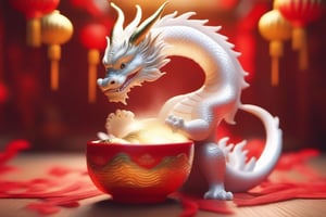 White dragon baby,in a golden red cup. surrounding by chinese new year decoration room, soft cinematic lighting, highly detailed, 8k
