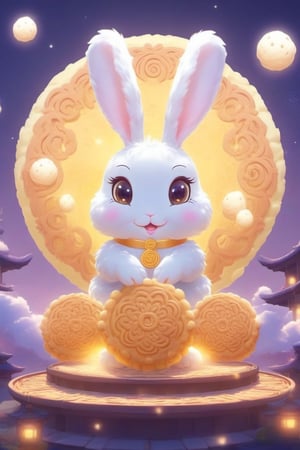 generate a cute furry moon rabbit, it has a big round eye and it is yellow colour, it is extremely cute and beautiful, mooncake festival backround, masterpiece,Arien view