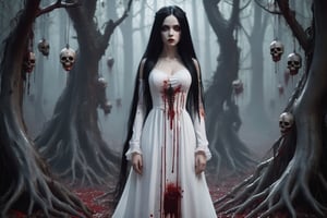 generate a 
beauty, she has a long straight black hair, in a long white dress, some blood spalsh on her dress, her eyes see to the camera, in a creepy forest, some dolls hanged on the trees, 
 at midnight, gothic theme, biopunk style, cinematic light, realistic