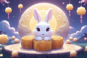 generate a cute furry moon rabbit, it has a big round eye and it is yellow colour, it is extremely cute and beautiful, mooncake festival backround, masterpiece,Arien view