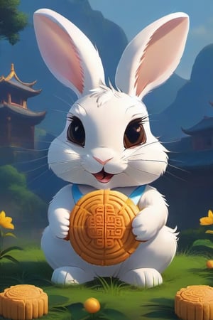 generate a cute furry rabbit, it has a big round eye and it is yellow colour, it is extremely cute and beautiful, mooncake festival backround, masterpiece