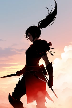 generate a silhouette of warrior, soft colour backround, wallpaper