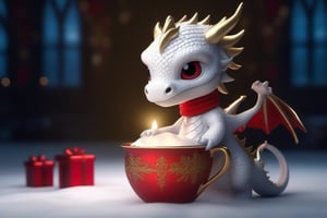 a dark gothic, White dragon baby wearing a red Christmas hat, in a golden Christmas cup. surrounding by dark gothic room, soft cinematic lighting, highly detailed, 8k