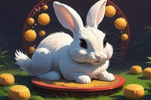 generate a cute furry rabbit, it has a big round eye and it is yellow colour, it is extremely cute and beautiful, mooncake festival backround, masterpiece,1rabbit,Arien view