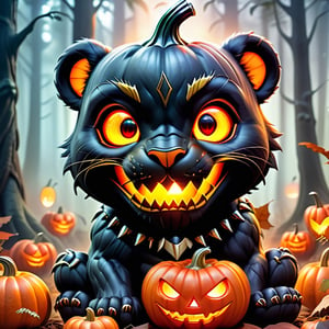 A comic book scene of a black panther cub with a pumpkin for a head, eyes and mouth glowing and smoking with red and yellow light, sitting in a foggy forest. The pumpkin cub has a glowing jack-o-lantern face carved into the pumpkin, with triangular eyes and a toothy carved grin emitting red and orange light and smoke.