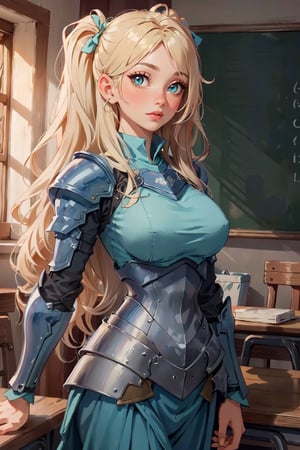 (masterpiece, best quality, hires, high resolution: 1.2), extremely detailed, 18yo,  realistic, 1 girl, slight smile, blushing, mint eyes, sunlight, light body, waist, huge breasts ,long hair, twin_tails, very_long_hair ,blond_hair, blonde, blue_eyes, school_uniform, armor, armored, knights (ensemble stars!)