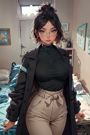 (masterpiece, best quality, hires, high resolution: 1.2), extremely detailed, 18yo,  realistic, 1 girl, French black hair, short hair, slight smile, blushing, mint eyes, sunlight , interior, light body, black hair, waist, huge breasts, glasses, doctor's coat