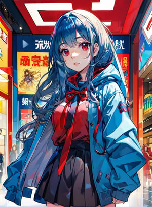 ((((best quality))), (((ultra detailed))), (((masterpiece))), illustration,(1girl:1.5),Perfect composition,Clear face, clear eyes,high res, 1girl, solo, very long hair, blue hair, huge breasts, floating hair,shiny skin, red eyes, beautiful eyes,upper body, serious, Silly hair, red ribbon, looking to the side, red hoodie, red tie,floating tie,hooded jacket, hood up, profile, Colored clouds, shopping mall, anime, anime style, 