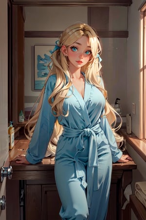 (masterpiece, best quality, hires, high resolution: 1.2), extremely detailed, 18yo,  realistic, 1 girl, slight smile, blushing, mint eyes, sunlight, light body, waist, huge breasts ,long hair, twin_tails, very_long_hair ,blond_hair, blonde, blue_eyes, bathrobe