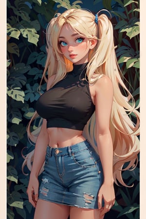(masterpiece, best quality, hires, high resolution: 1.2), extremely detailed, 18yo,  realistic, 1 girl, slight smile, blushing, mint eyes, sunlight, light body, waist, huge breasts ,long hair, twin_tails, very_long_hair ,blond_hair, blonde, blue_eyes,  crop_top, short_skirt