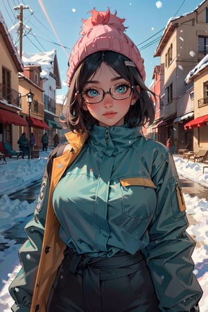 (masterpiece, best quality, hires, high resolution: 1.2), extremely detailed, 18yo,  realistic, 1 girl, French black hair, short hair, slight smile, blushing, mint eyes, sunlight , parc, light body, black hair, waist, huge breasts, glasses, winter, falling_snow, down jacket, pom-pom hat