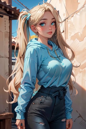 (masterpiece, best quality, hires, high resolution: 1.2), extremely detailed, 18yo,  realistic, 1 girl, slight smile, blushing, mint eyes, sunlight, light body, waist, huge breasts ,long hair, twin_tails, very_long_hair ,blond_hair, blonde, blue_eyes,  casual shirt with a hoodie