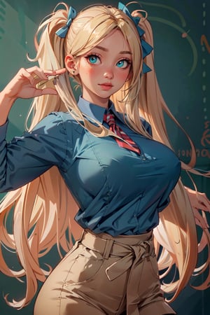 (masterpiece, best quality, hires, high resolution: 1.2), extremely detailed, 18yo,  realistic, 1 girl, slight smile, blushing, mint eyes, sunlight, light body, waist, huge breasts ,long hair, twin_tails, very_long_hair ,blond_hair, blonde, blue_eyes, school_uniform, school_girl