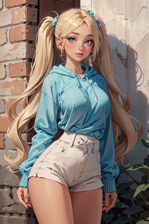 (masterpiece, best quality, hires, high resolution: 1.2), extremely detailed, 18yo,  realistic, 1 girl, slight smile, blushing, mint eyes, sunlight, light body, waist, huge breasts ,long hair, twin_tails, very_long_hair ,blond_hair, blonde, blue_eyes,  casual shirt with a hoodie