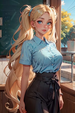 (masterpiece, best quality, hires, high resolution: 1.2), extremely detailed, 18yo,  realistic, 1 girl, slight smile, blushing, mint eyes, sunlight, light body, waist, huge breasts ,long hair, twin_tails, very_long_hair ,blond_hair, blonde, blue_eyes, school_uniform, school_girl