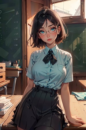 (masterpiece, best quality, hires, high resolution: 1.2), extremely detailed, 18yo,  realistic, 1 girl, French black hair, short hair, slight smile, blushing, mint eyes, sunlight , interior, light body, black hair, waist, huge breasts, glasses, school_uniform, schoolgirl