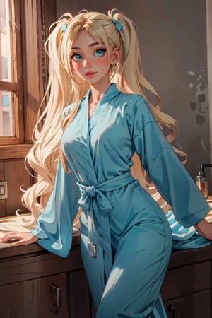 (masterpiece, best quality, hires, high resolution: 1.2), extremely detailed, 18yo,  realistic, 1 girl, slight smile, blushing, mint eyes, sunlight, light body, waist, huge breasts ,long hair, twin_tails, very_long_hair ,blond_hair, blonde, blue_eyes, bathrobe,  open clothing,  floating clothing, Extremely, no_bottoms