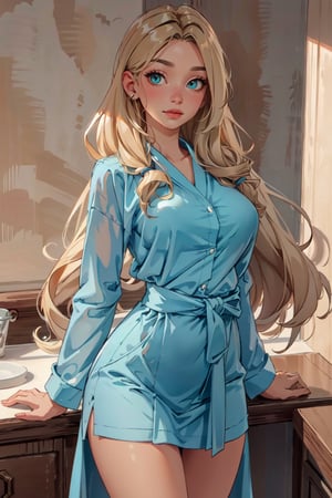 (masterpiece, best quality, hires, high resolution: 1.2), extremely detailed, 18yo,  realistic, 1 girl, slight smile, blushing, mint eyes, sunlight, light body, waist, huge breasts ,long hair, twin_tails, very_long_hair ,blond_hair, blonde, blue_eyes, bathrobe,  open clothing,  floating clothing, Extremely, no_bottoms