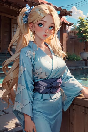 (masterpiece, best quality, hires, high resolution: 1.2), extremely detailed, 18yo,  realistic, 1 girl, slight smile, blushing, mint eyes, sunlight, light body, waist, huge breasts ,long hair, twin_tails, very_long_hair ,blond_hair, blonde, blue_eyes,   kimono,  yukata