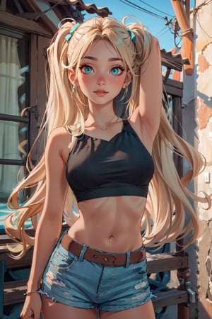(masterpiece, best quality, hires, high resolution: 1.2), extremely detailed, 18yo,  realistic, 1 girl, slight smile, blushing, mint eyes, sunlight, light body, waist, huge breasts ,long hair, twin_tails, very_long_hair ,blond_hair, blonde, blue_eyes,  crop_top, small_top, short_pants, big