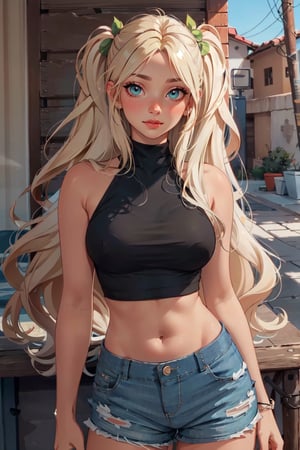 (masterpiece, best quality, hires, high resolution: 1.2), extremely detailed, 18yo,  realistic, 1 girl, slight smile, blushing, mint eyes, sunlight, light body, waist, huge breasts ,long hair, twin_tails, very_long_hair ,blond_hair, blonde, blue_eyes,  crop_top, small_top, short_pants, big