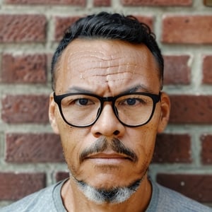 "Generate a realistic and detailed 8K UHD image of a man wearing glasses, facing the camera with a serene yet strong expression. His skin should exhibit characteristic imperfections and details. The man has dark brown eyes, and he is wearing a plain sky-blue T-shirt without any prints. The scene should include a weathered brick wall as a background, with a substantial depth of field created by the camera lens.", guttojugg1 