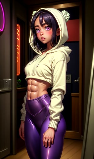 (1girl), ((vigilanty, hoodie, leggings, bare bally, neon lights, Arora clothes, sexy bodysuit:1.3)), (side view, muscular, fit, abs, cyberware), ((perfect Breasts, rounded breasts:1.3)), (wide hips), (large pelvic, big ass), ((narrow waist, curvy waist:1.2)), ((slim, skinny waist, slender body:1.2)), (fighting pose:1.2), modern hairstyle, colour streaked hair, highlights, seductress, tempting

masterpiece, best quality, ultra highres, depth of field, (cinematic lighting:1.2), (detailed face, detailed eyes:1.2), (detailed lips, rose lips:1.2), (detailed background:1.2), (battle field, post war:1.2) (masterpiece:1.2), (ultra detailed), (best quality), intricate, comprehensive cinematic, scientific photography, (gradients), colorful, detailed landscape, shiny skin, looking_at_viewer ,perfecteyes,mecha musume,tan,oppai_loli,1girl,eager pet pose