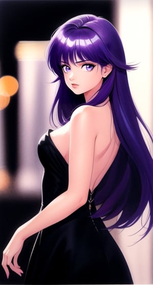 takada akemi | centered, digital art, upper body, (beautiful detailed eyes:1.2), 
| solo, serious, (looking at viewer), | gothic woman, goth dress, light purple hair, long hair, light purple eyes, | in dark castle, | dark fantasy, high contrast, | bokeh , depth of field, | 1980s \(style\), painting \(medium\), retro artstyle, watercolor \(medium\),  ,takada akemi,painting \(medium\),naked